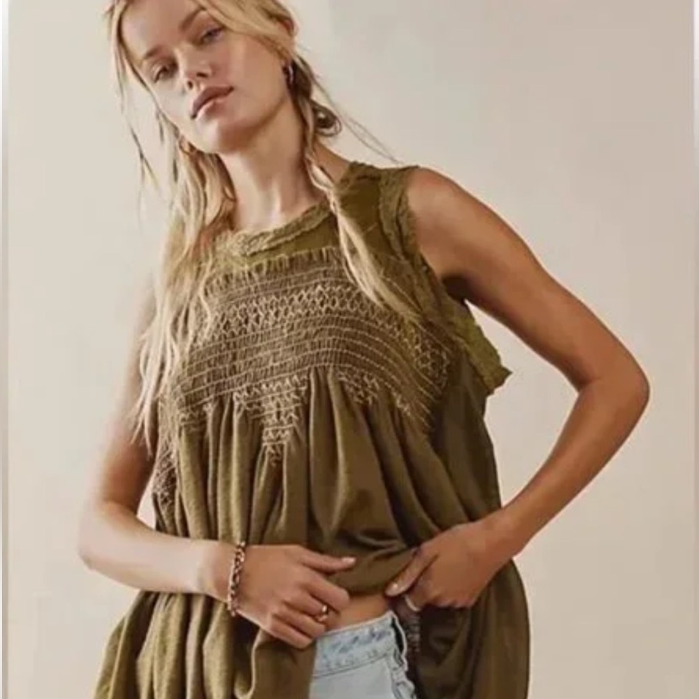 Free People Tunic Smocked Sea Breeze Top Olive Green - Picture 7 of 7